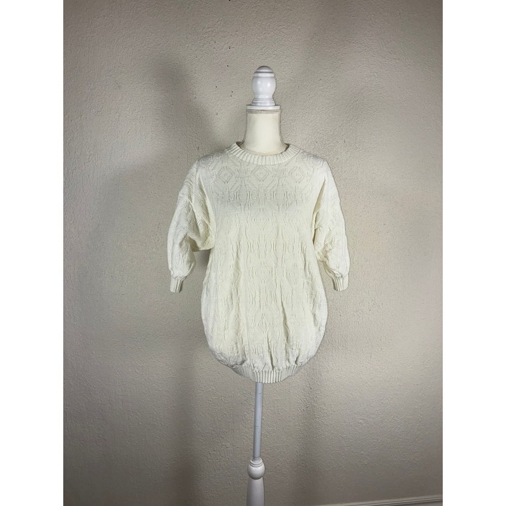 Vintage Stagelight Cream White Textured Knit 3/4 Sleeve Sweater Made in USA OS